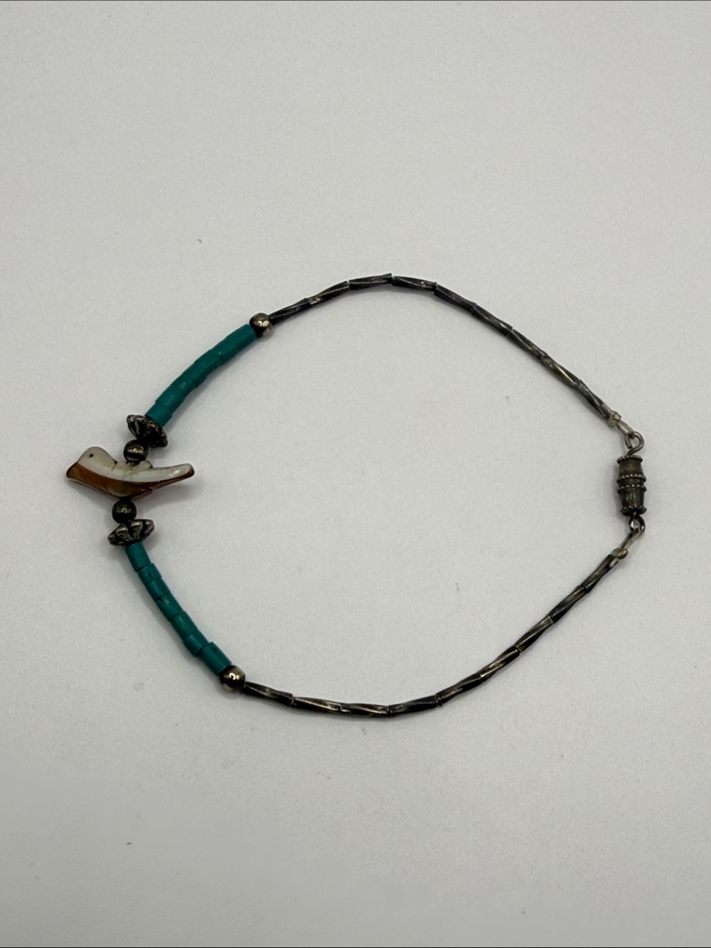 Vintage Southwestern Silver Tone Turquoise Beaded Bird Fetish Bangle Bracelet